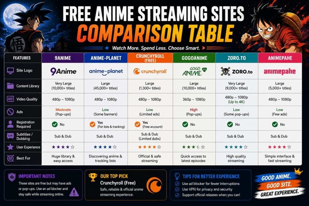 Free Anime Streaming Sites Comparison Table