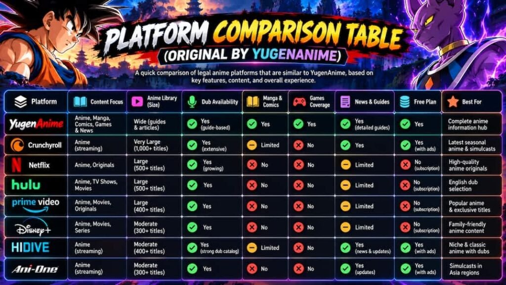 Platform Comparison Table (Original by YugenAnime)